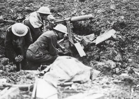 Canadian machine gunners dig themselves in, in shell holes on Vimy Ridge.